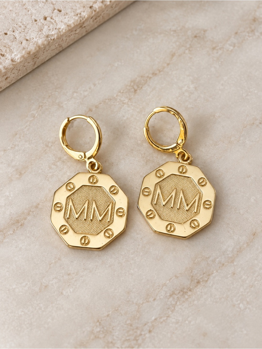 Mayamar Gold plated MM Octagon Charm Hoop Earrings - Designer Style